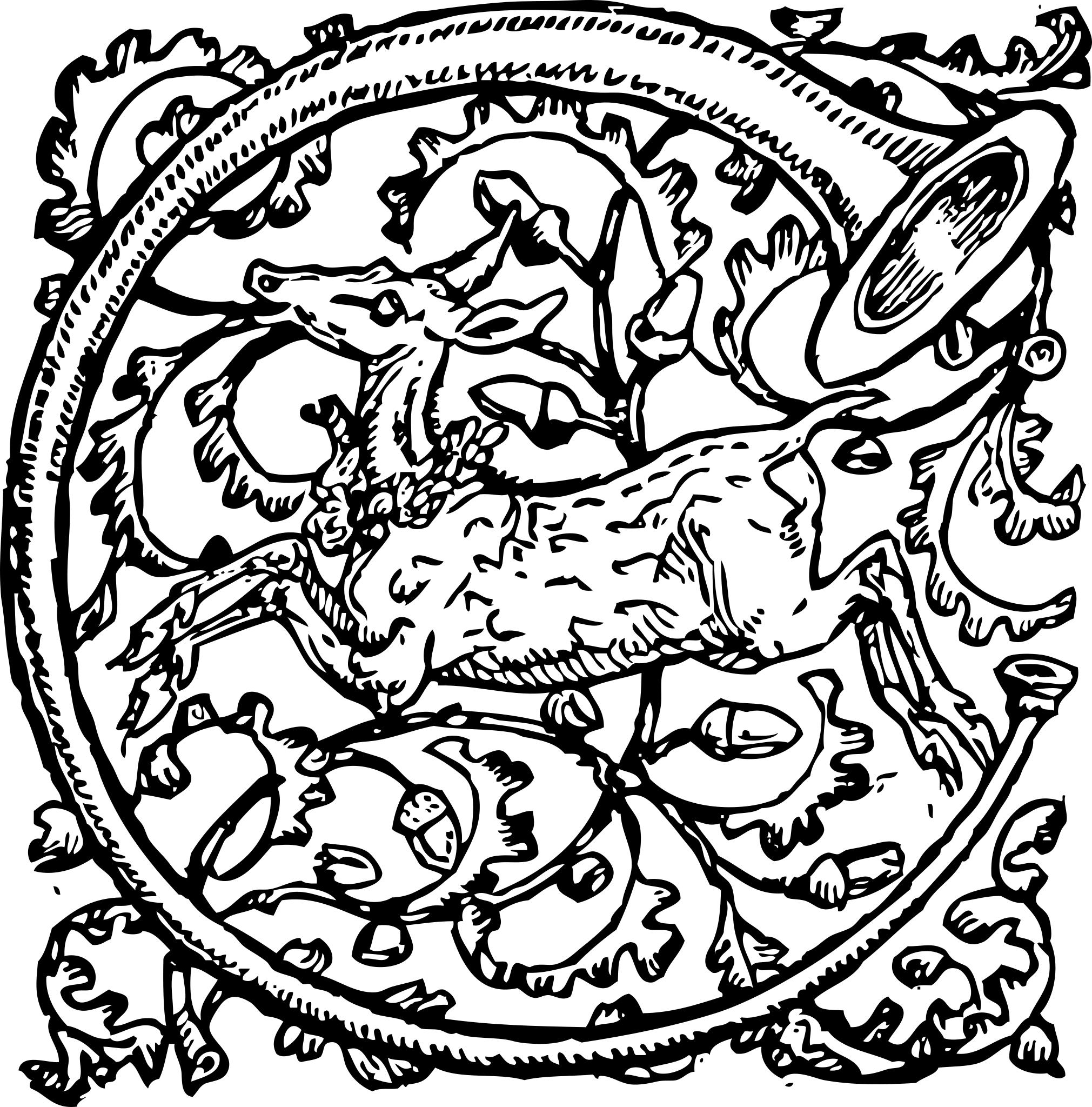 Орнамент из людей и зверей. Средневековые узоры. Звериный орнамент. Средневековый орнамент с животными. Охотничий орнамент.
