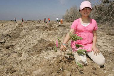 A girl scout volunteer shows her pride in planting this tree.jpg